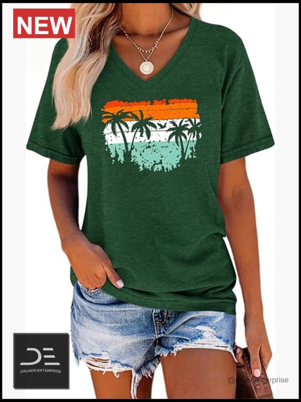 Vintage Summer Graphic Tee with Coconut Trees - V-Neck Short Sleeve Casual Top